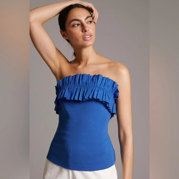 MAEVE by ANTHROPOLOGIE Poplin Ruffle Tube Top in Blue - Picture 1 of 10